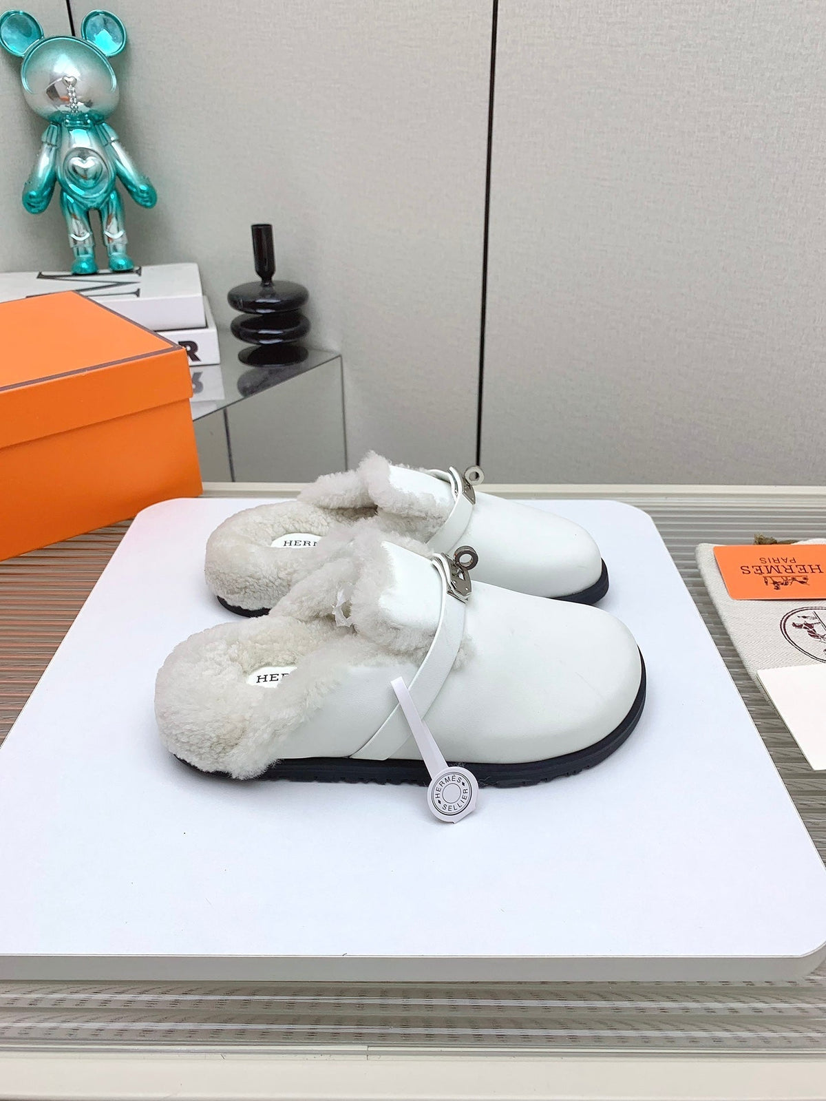 Hermes Slip-On Mule in White Calfskin and Shearling Lining