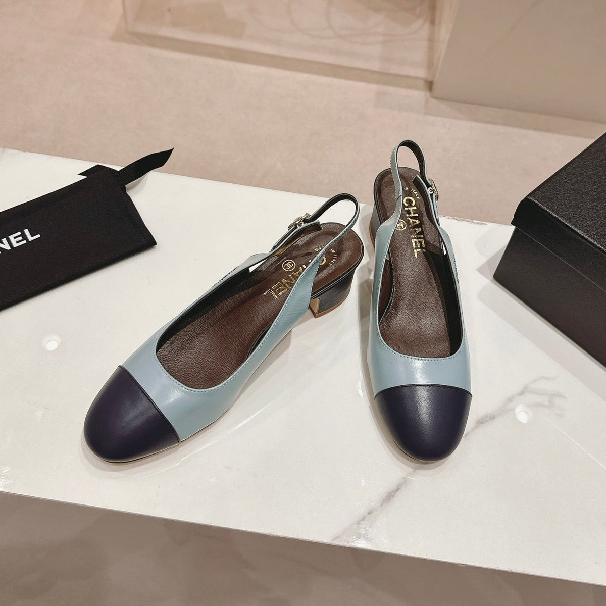 Chanel Slingbacks Light Blue Mix Black Sheepskin