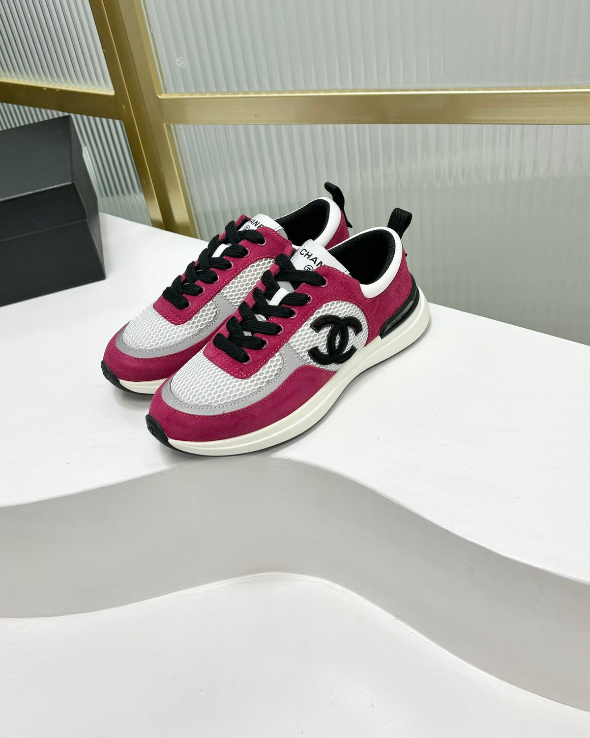 Chanel Sneaker in Barbie Pink Suede and Grey Breathable Mesh