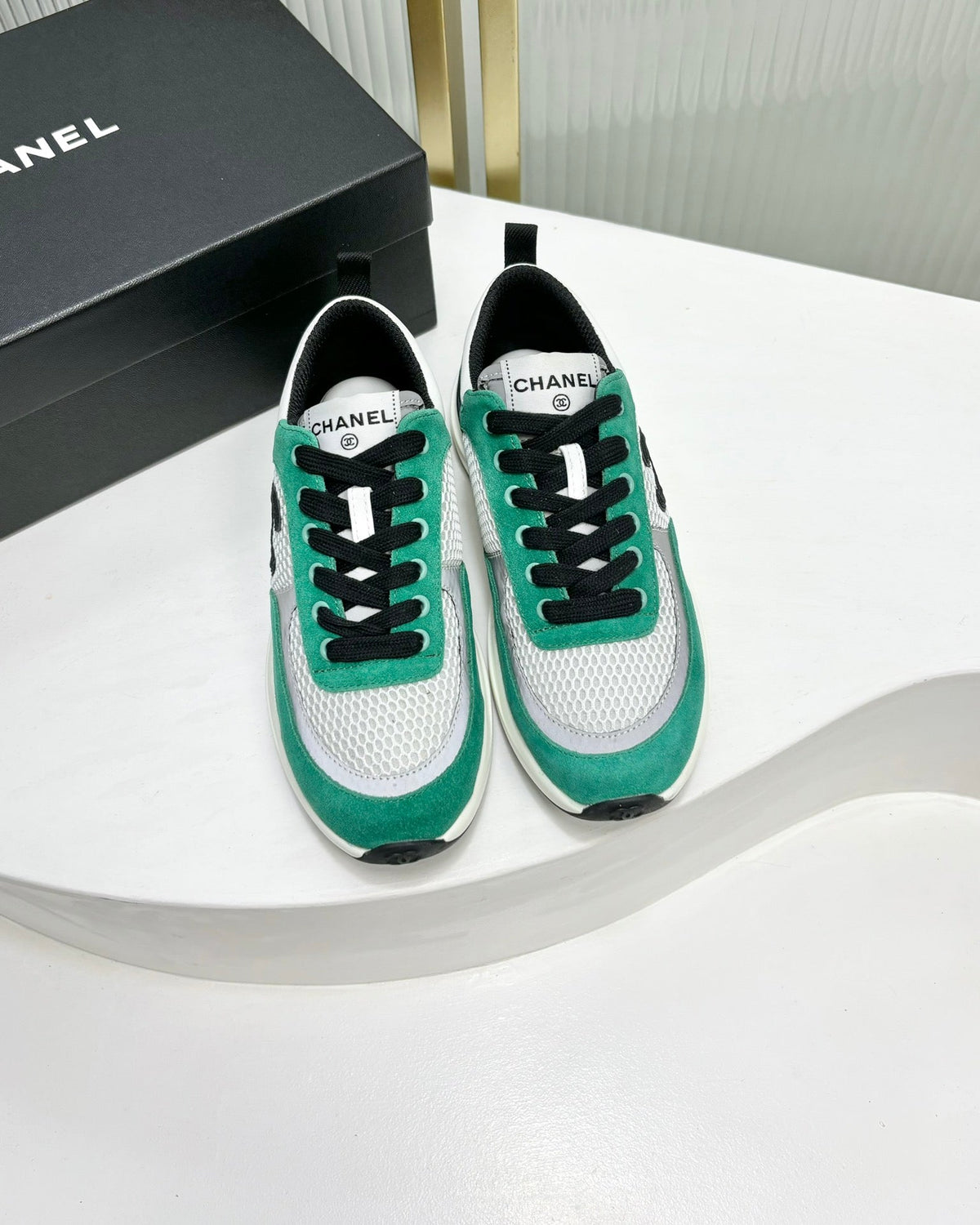 Chanel Sneaker in Jade Green Suede and Grey Breathable Mesh
