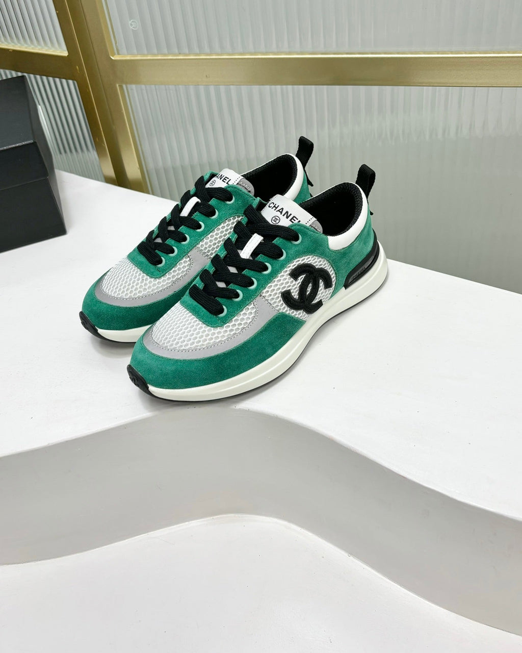 Chanel Sneaker in Jade Green Suede and Grey Breathable Mesh