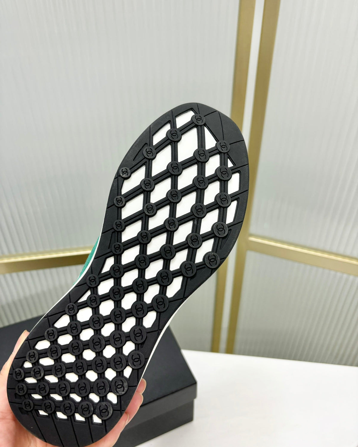 Chanel Sneaker in Jade Green Suede and Grey Breathable Mesh