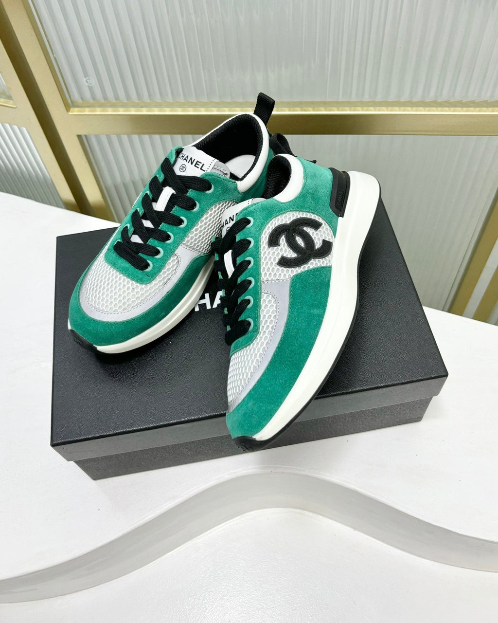 Chanel Sneaker in Jade Green Suede and Grey Breathable Mesh