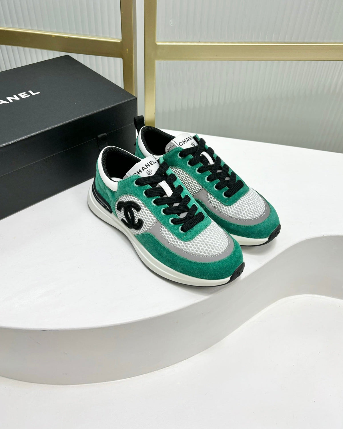 Chanel Sneaker in Jade Green Suede and Grey Breathable Mesh