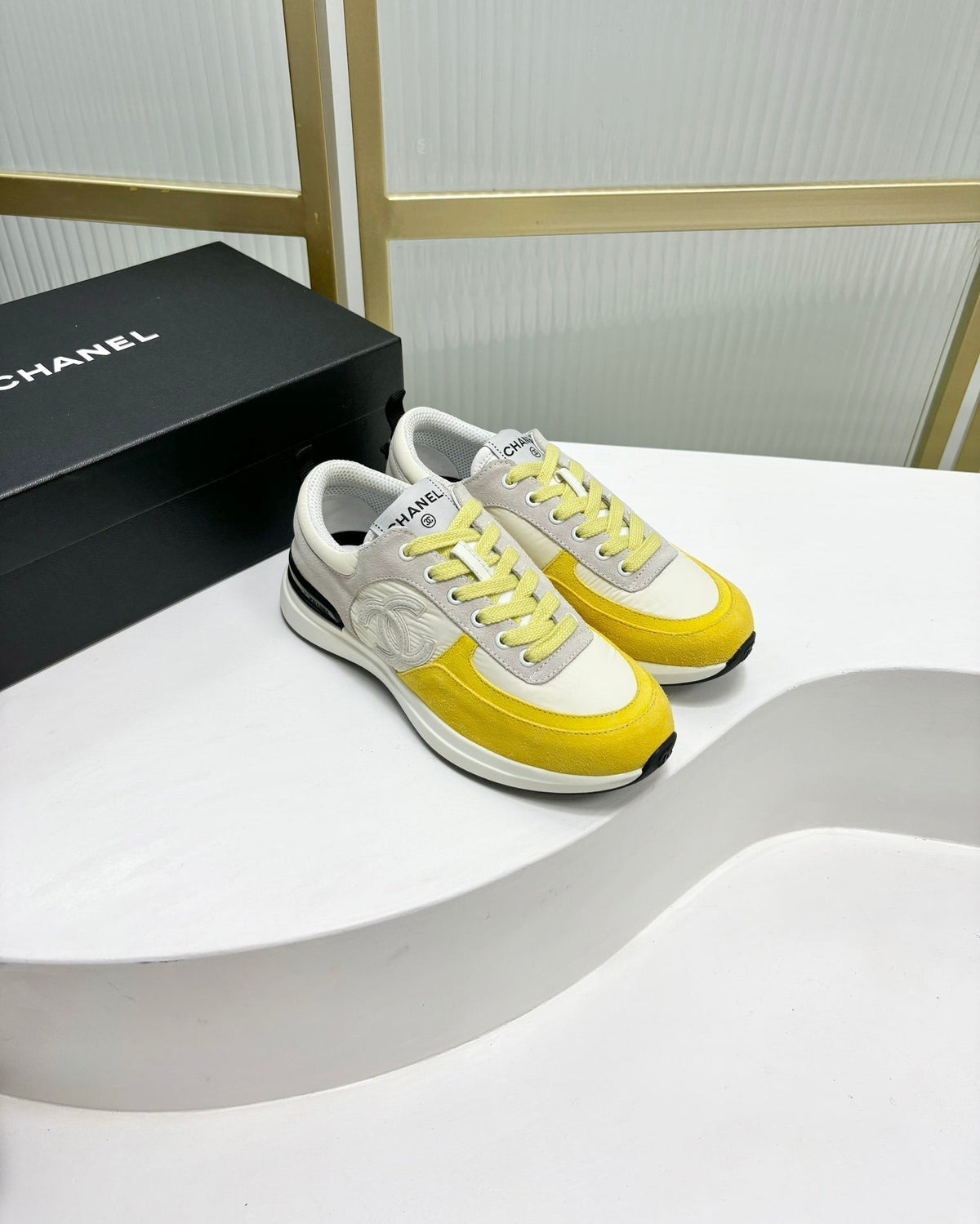 Chanel Sneaker in Light Yellow Mix Grey Suede