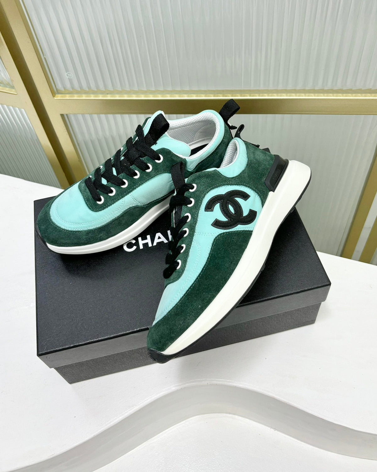 Chanel Sneaker in Green Mint Mix Forest Green Suede