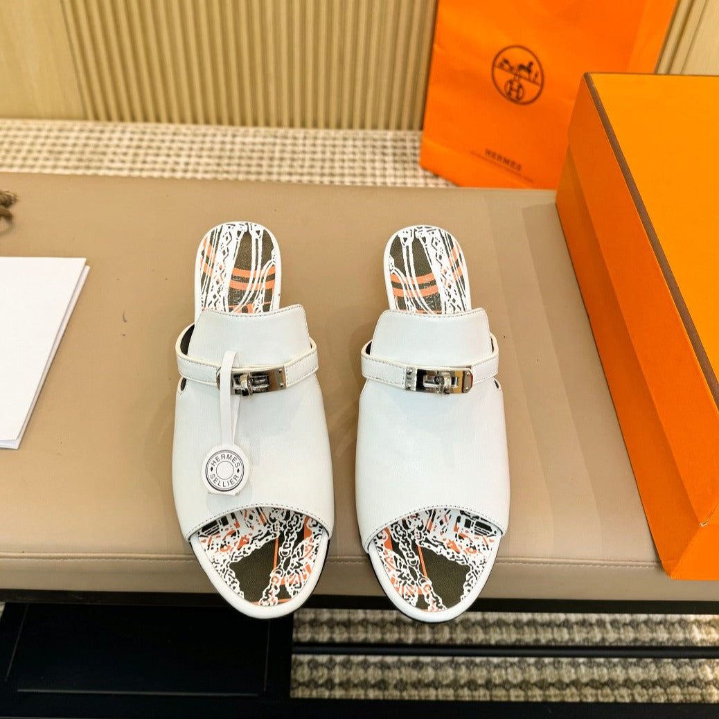Hermes Heden Mule 80 White Calfskin with Pattern