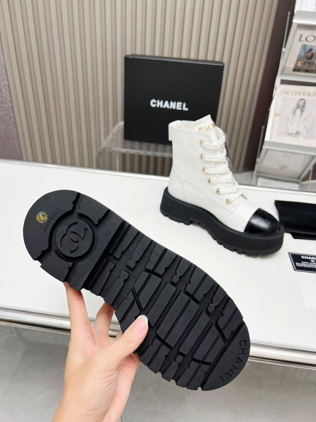 Chanel Short Boots in White Mix Black Cowhide
