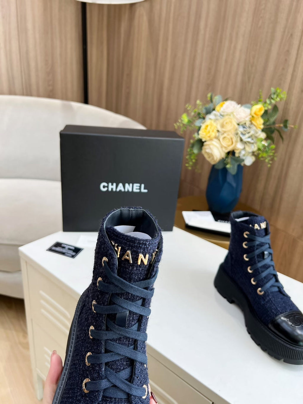 Chanel Short Boots in Denim Blue Tweed and Black Calfskin