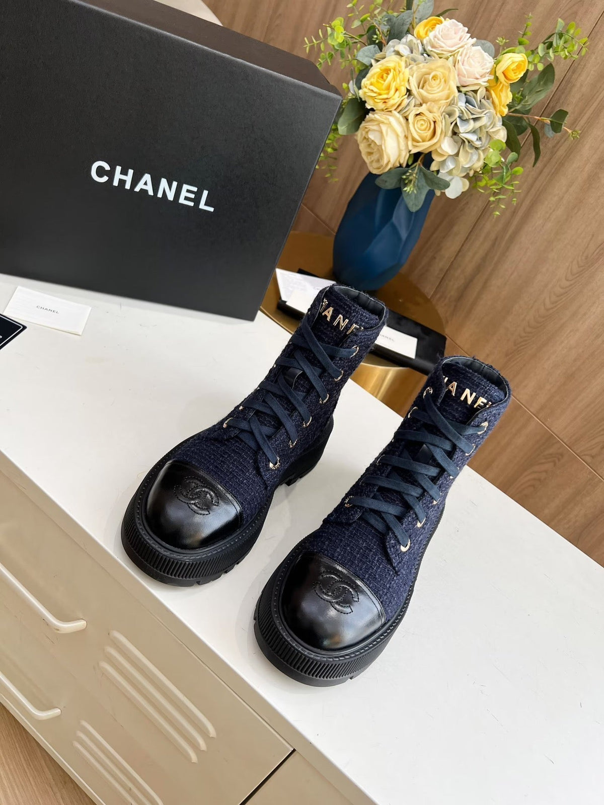 Chanel Short Boots in Denim Blue Tweed and Black Calfskin