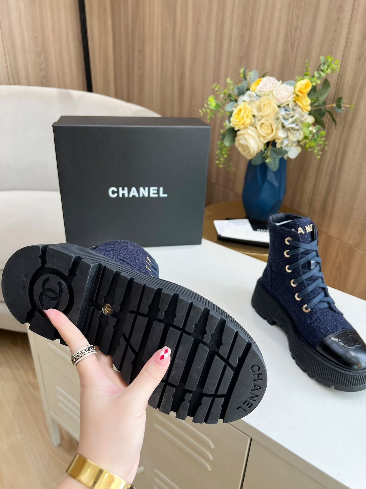 Chanel Short Boots in Denim Blue Tweed and Black Calfskin