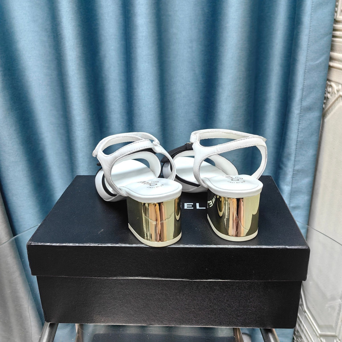 Chanel Sandals in White Sheepskin with Black Satin Bow