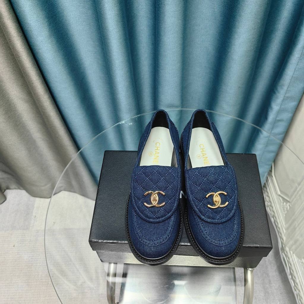 Chanel Moccasins Navy Blue Quilted Lambskin