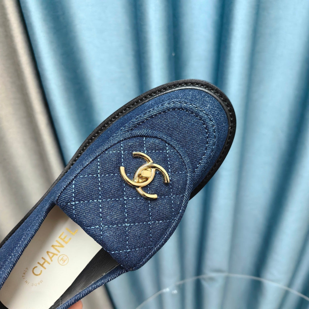 Chanel Moccasins Navy Blue Quilted Lambskin