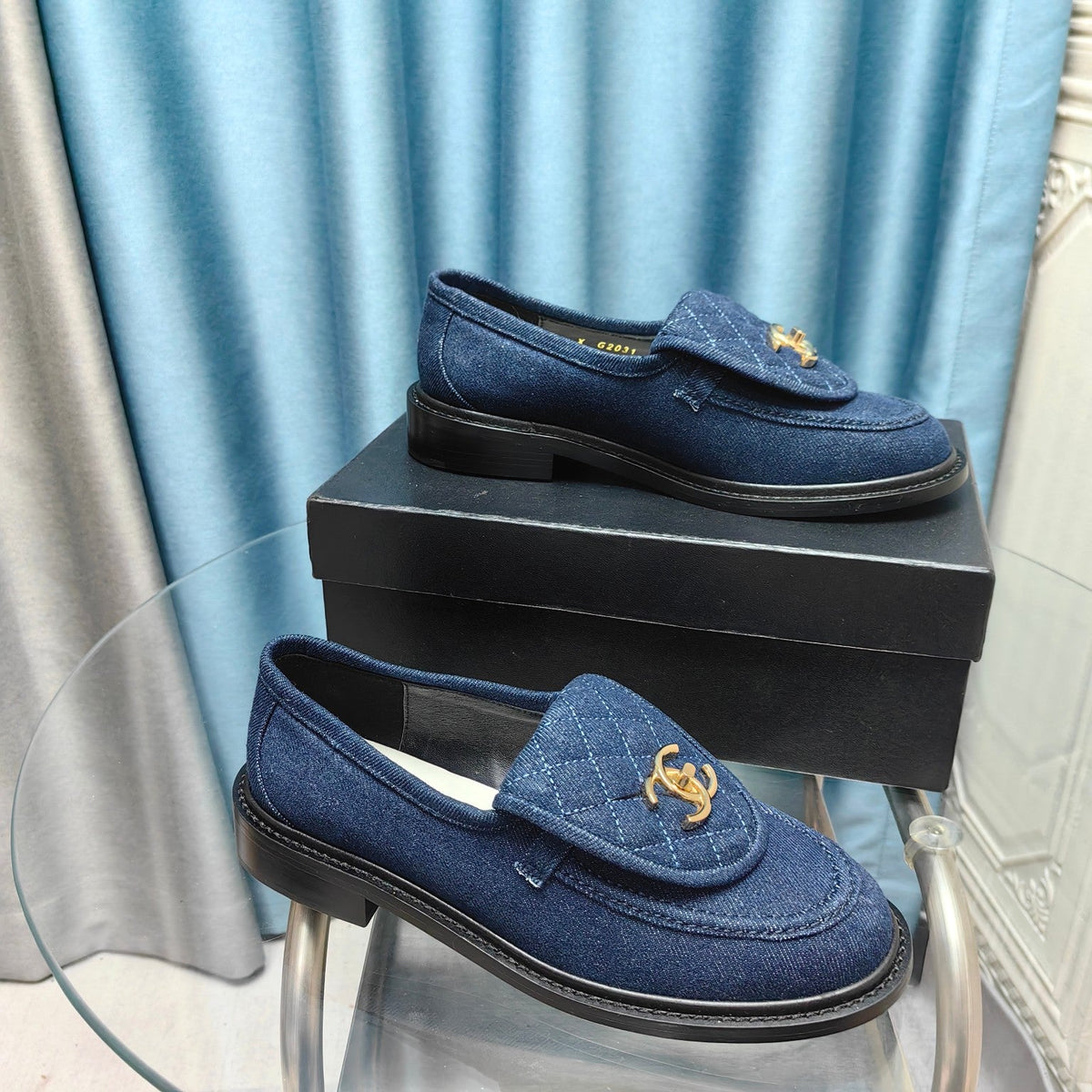 Chanel Moccasins Navy Blue Quilted Lambskin