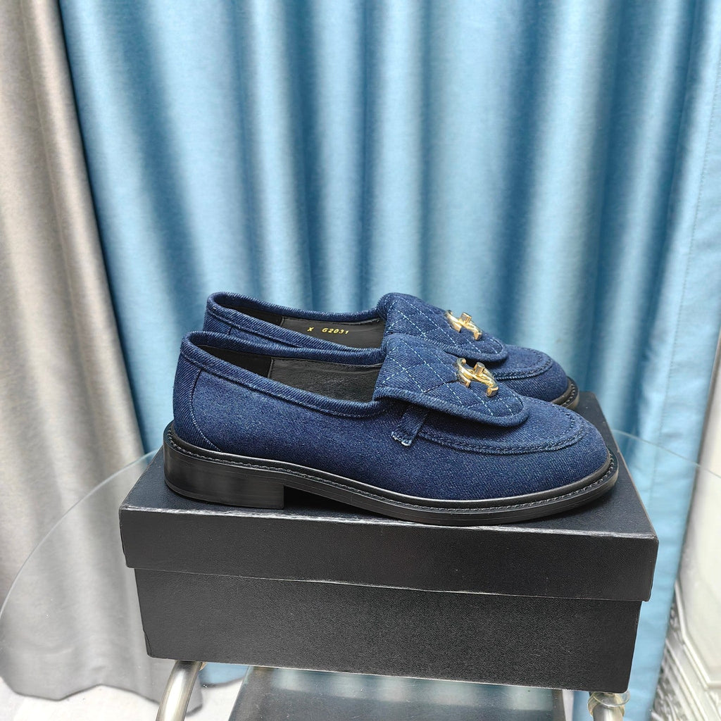 Chanel Moccasins Navy Blue Quilted Lambskin