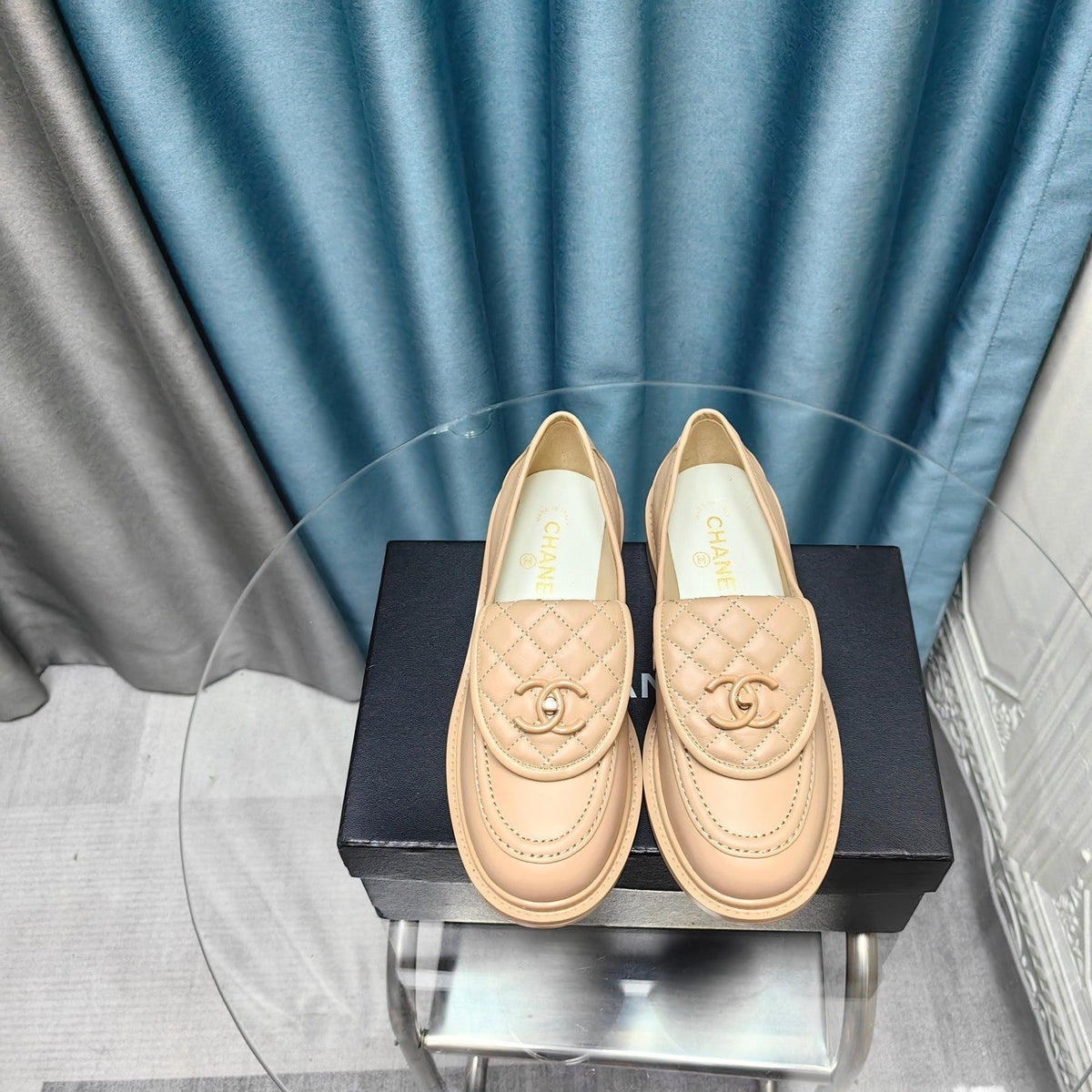 Chanel Moccasins Beige Quilted Lambskin
