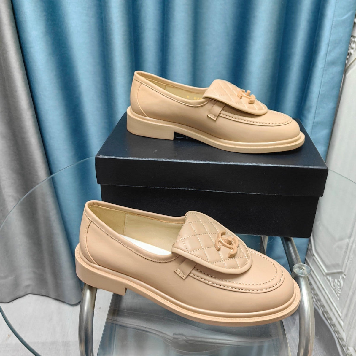 Chanel Moccasins Beige Quilted Lambskin