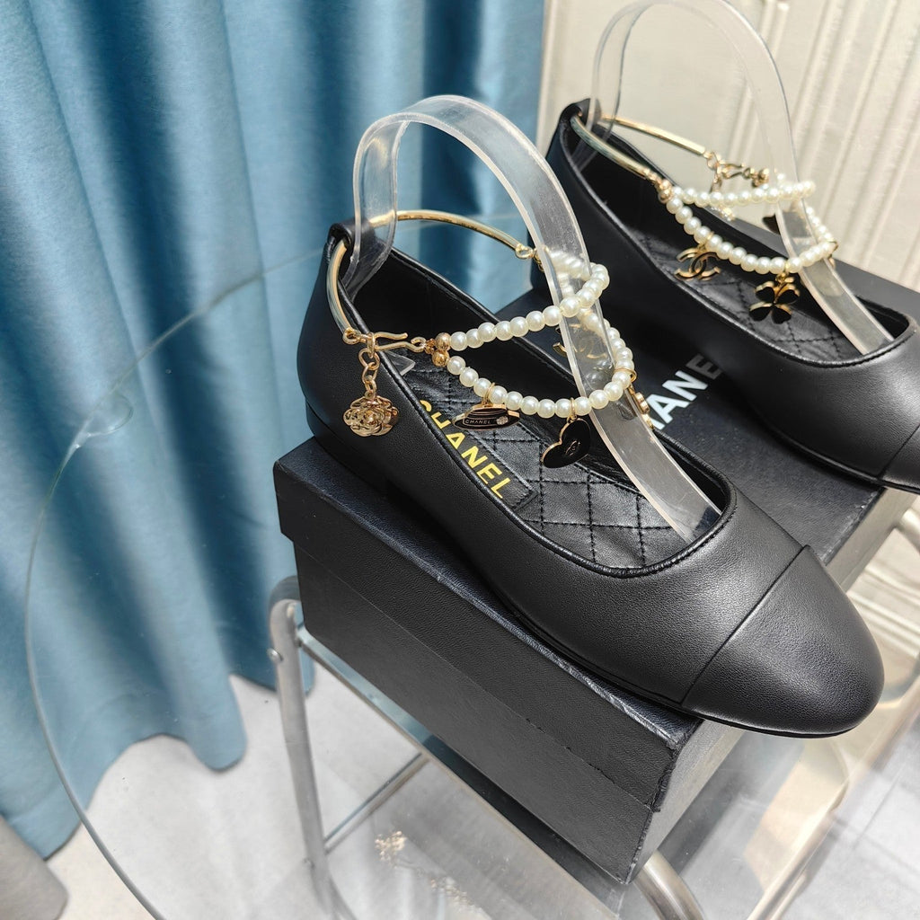Chanel Mary Jane with Pearl Strap in Black Lambskin