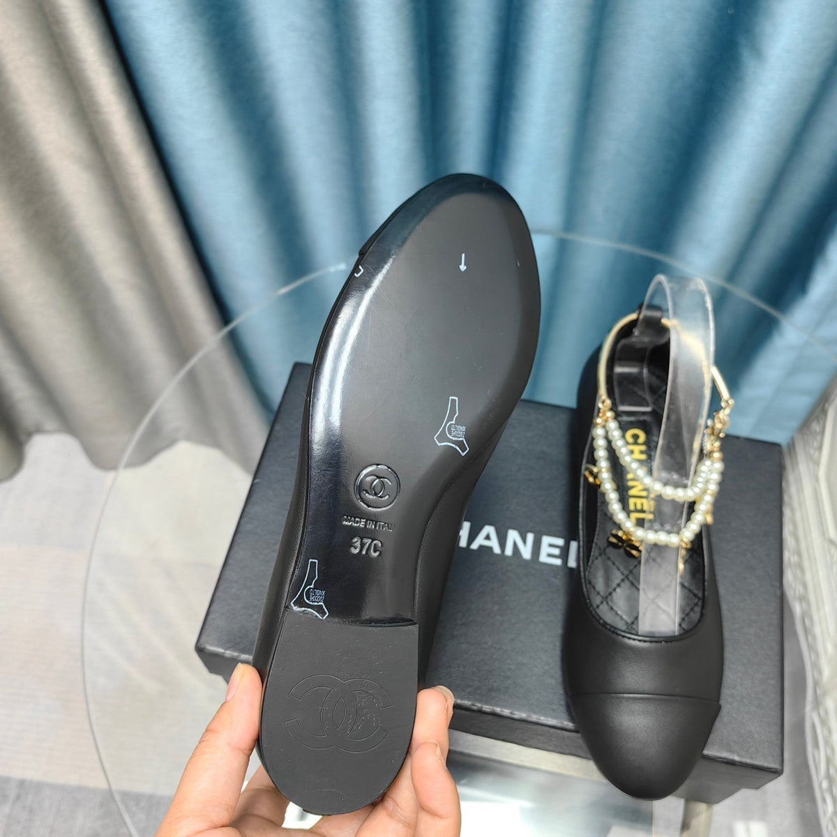 Chanel Mary Jane with Pearl Strap in Black Lambskin