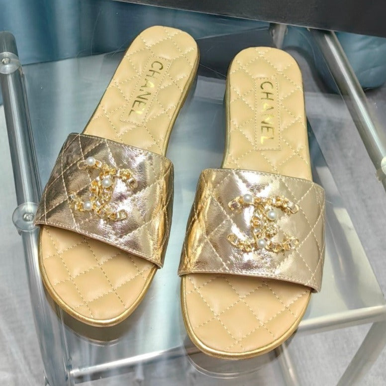 Chanel Quilted Slippers Silver Mix Beige Cream Sheepskin