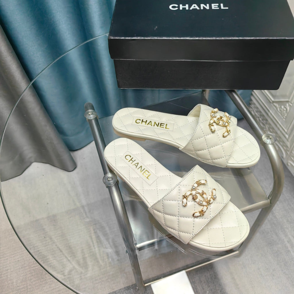 Chanel Quilted Slippers White Sheepskin