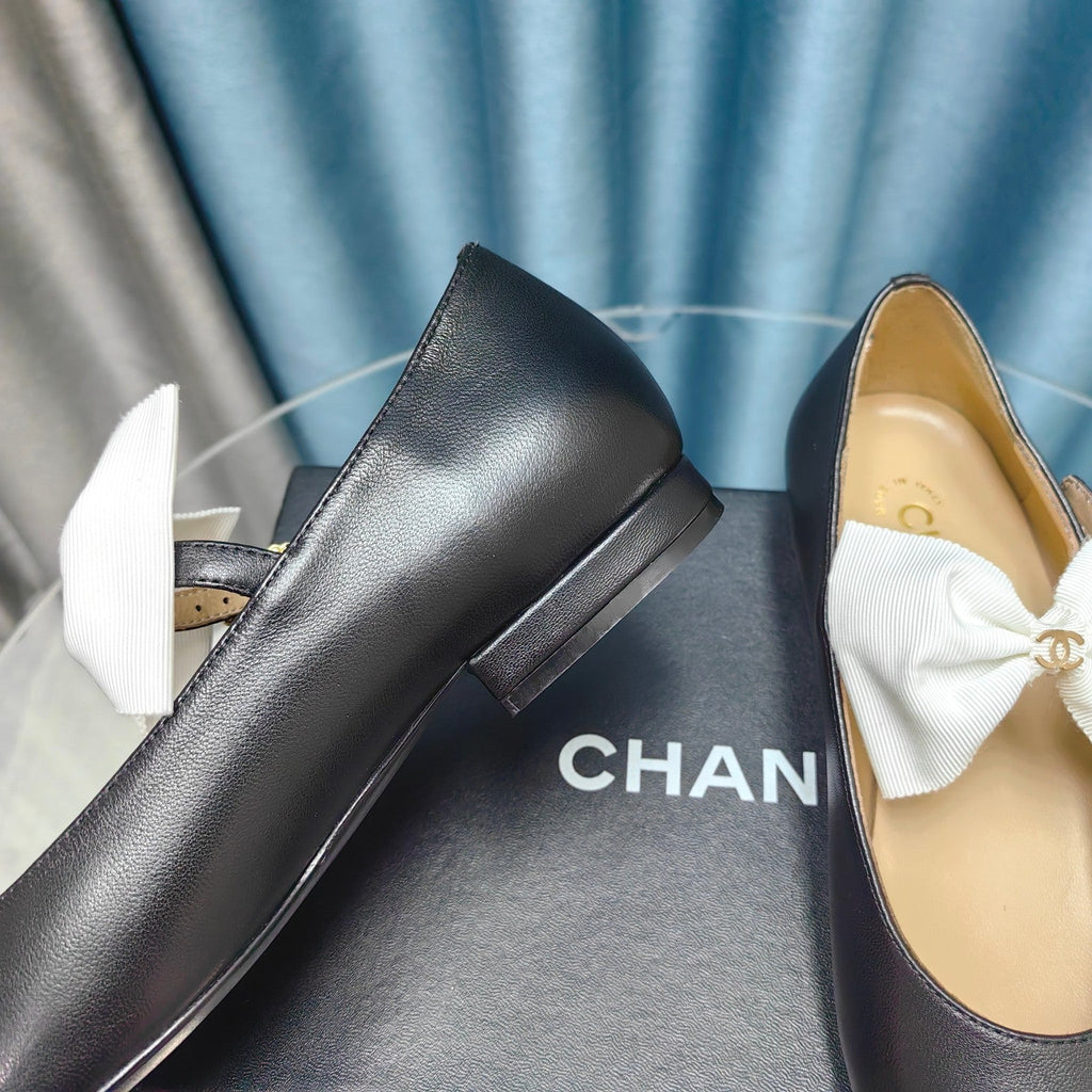 Chanel Mary Jane Shoes Black Sheepskin with White Bow
