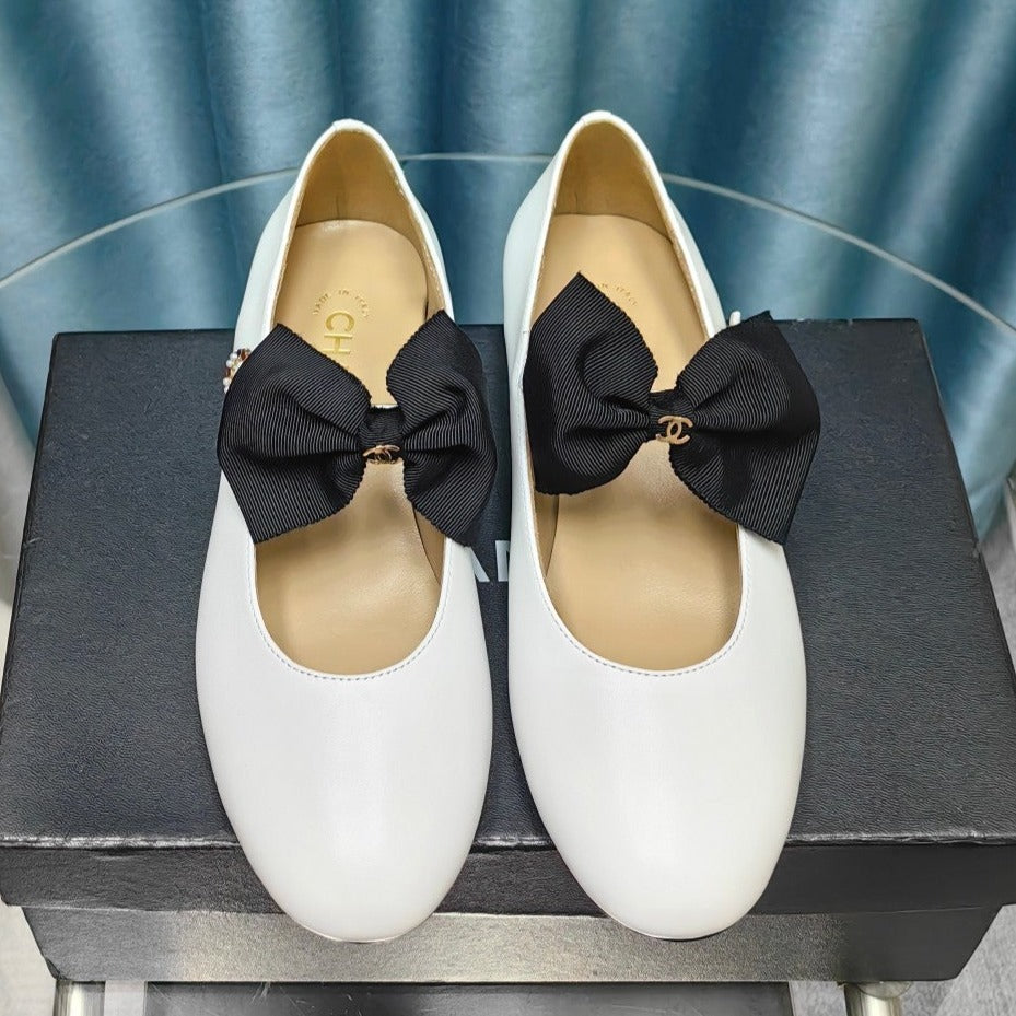 Chanel Mary Jane Shoes White Sheepskin with Black Bow