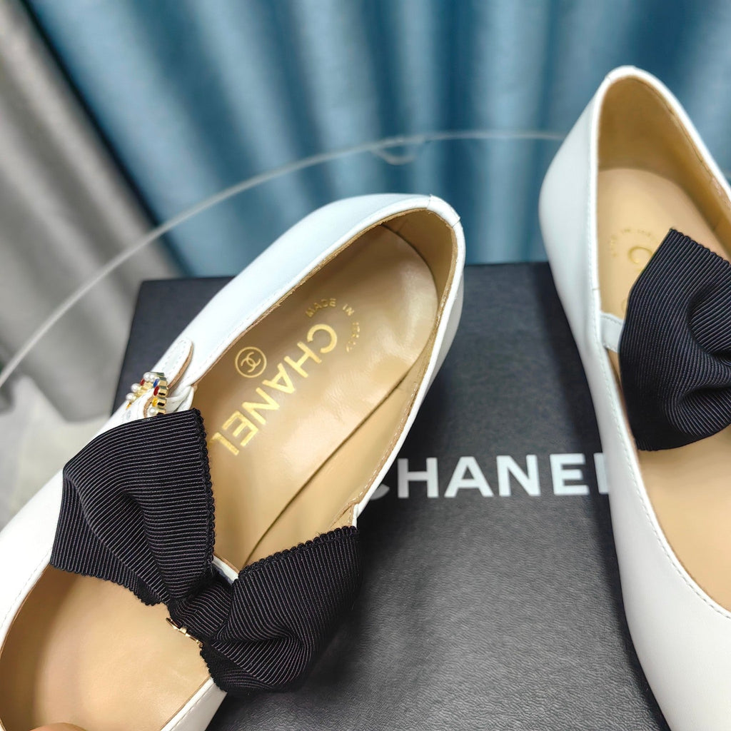 Chanel Mary Jane Shoes White Sheepskin with Black Bow