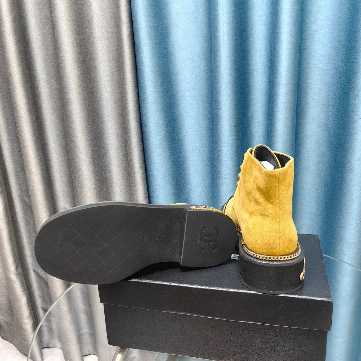 Chanel Short Boots in Gold Yellow Suede and Black Sheepskin