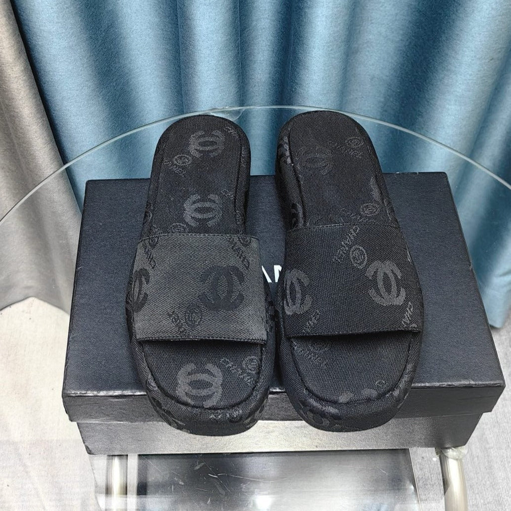 Chanel Thick-Sole Slippers Black Satin