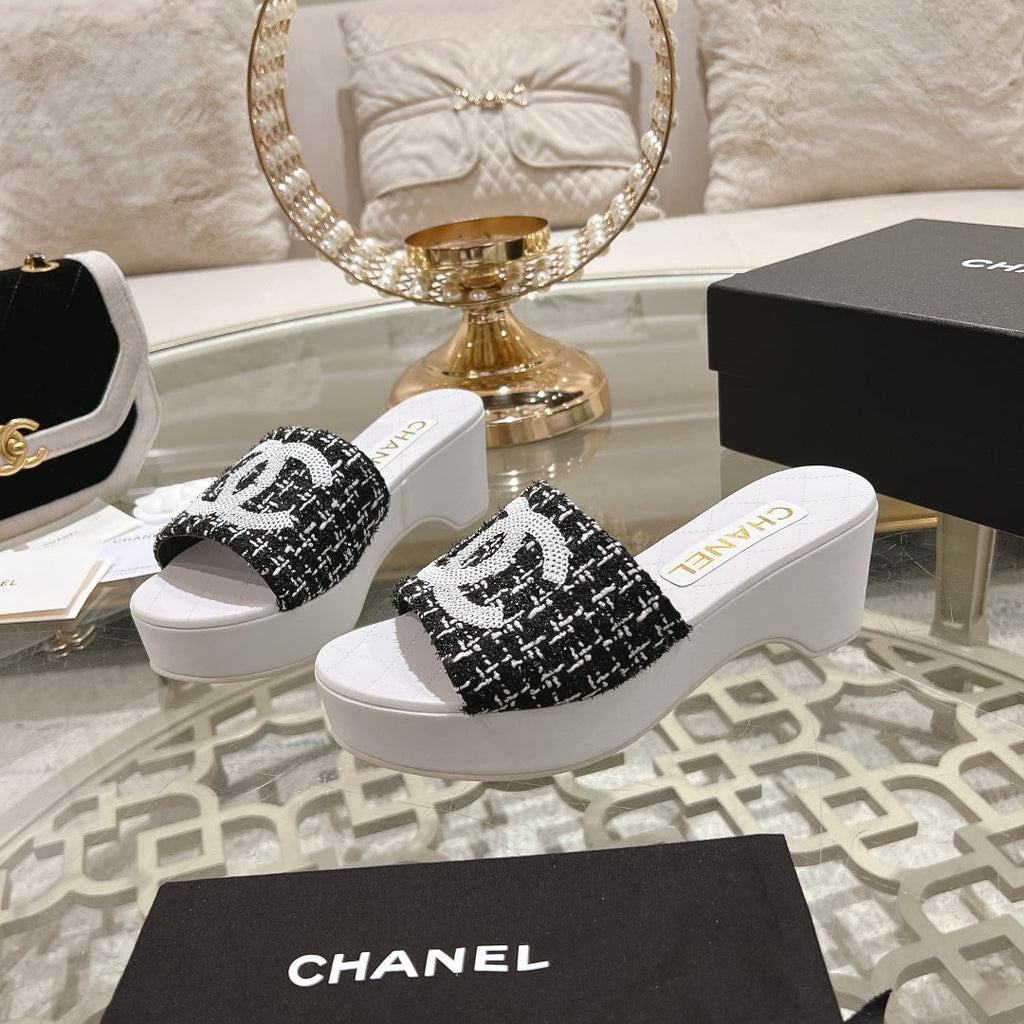 Chanel Wedge Platform in Black Fabric with White Logo