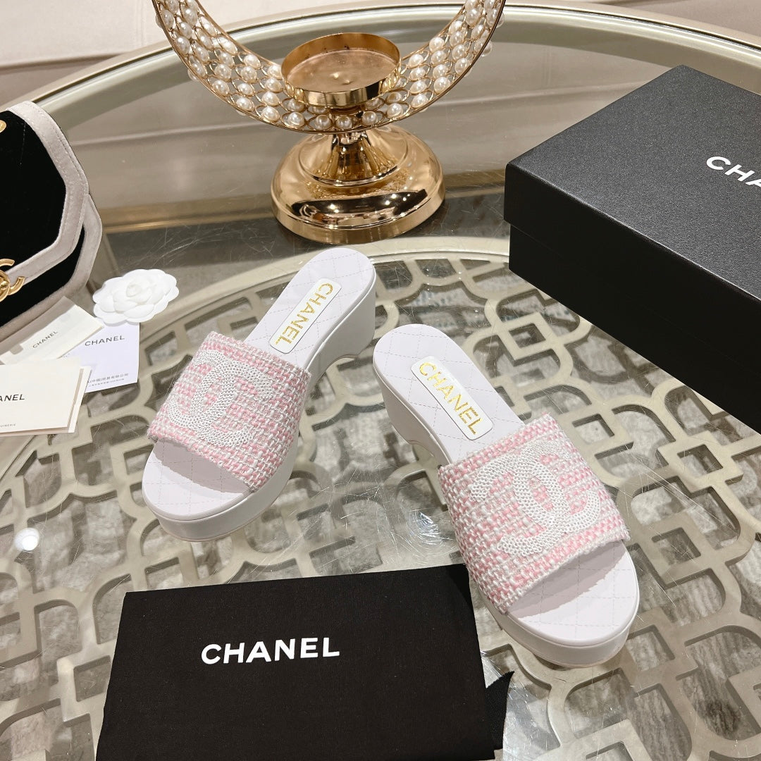 Chanel Wedge Platform in Light Pink Fabric with White Logo