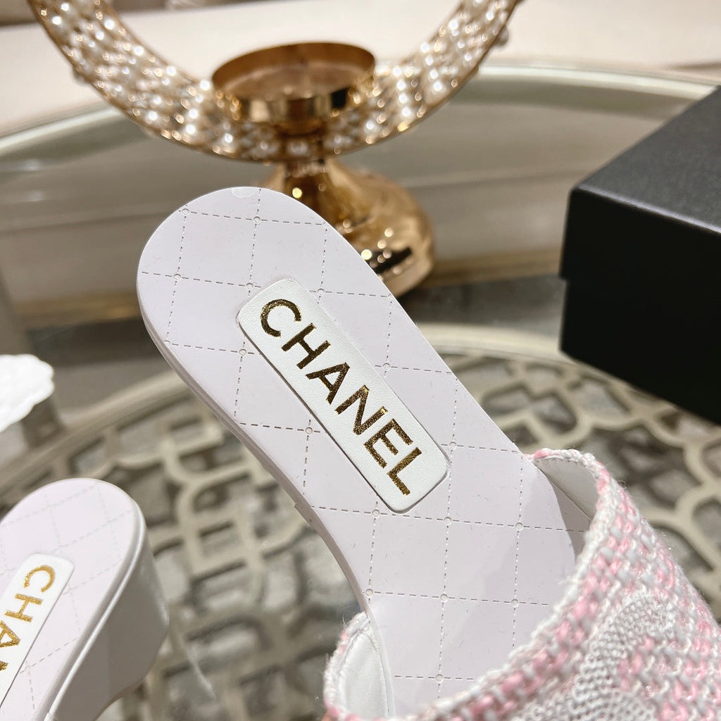 Chanel Wedge Platform in Light Pink Fabric with White Logo