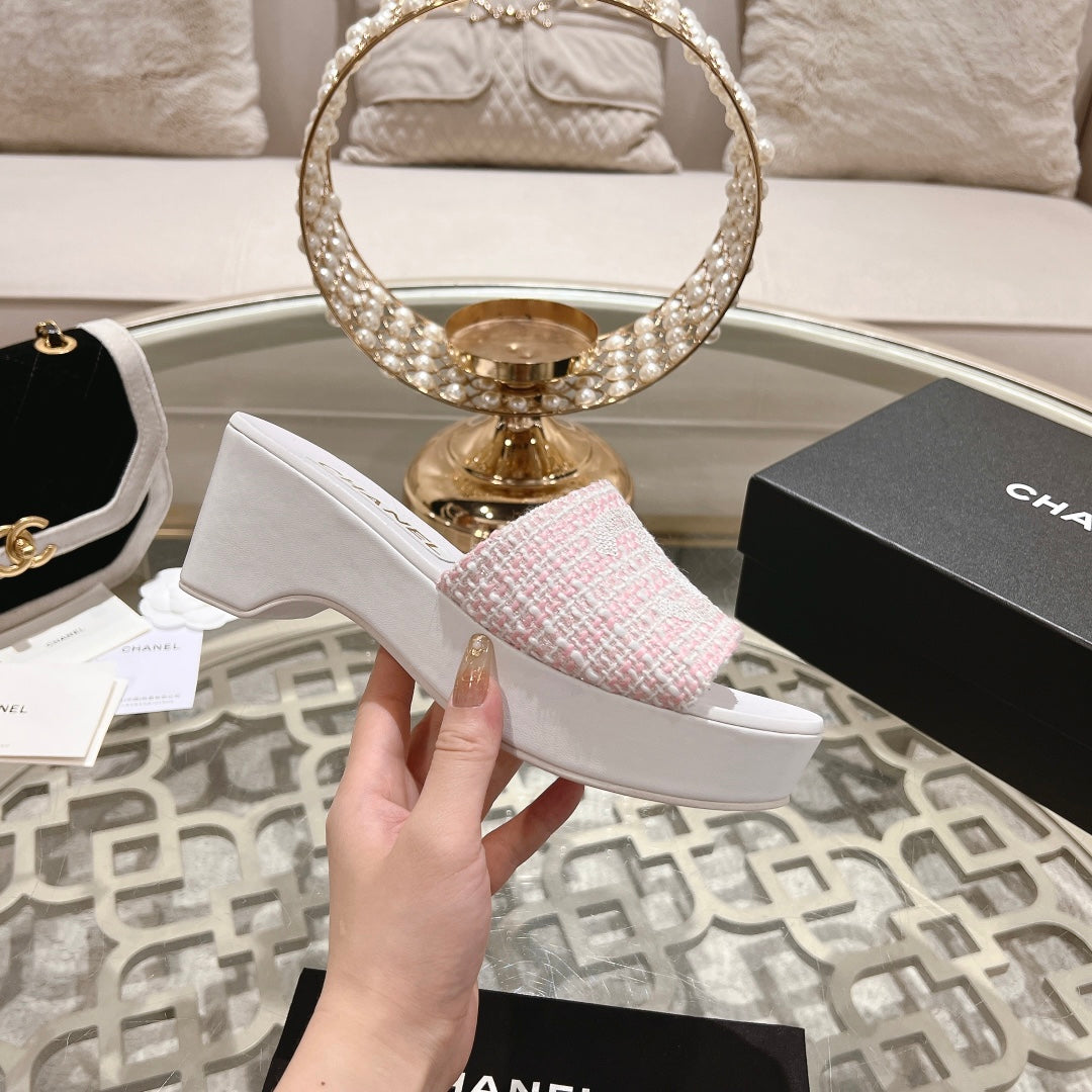 Chanel Wedge Platform in Light Pink Fabric with White Logo