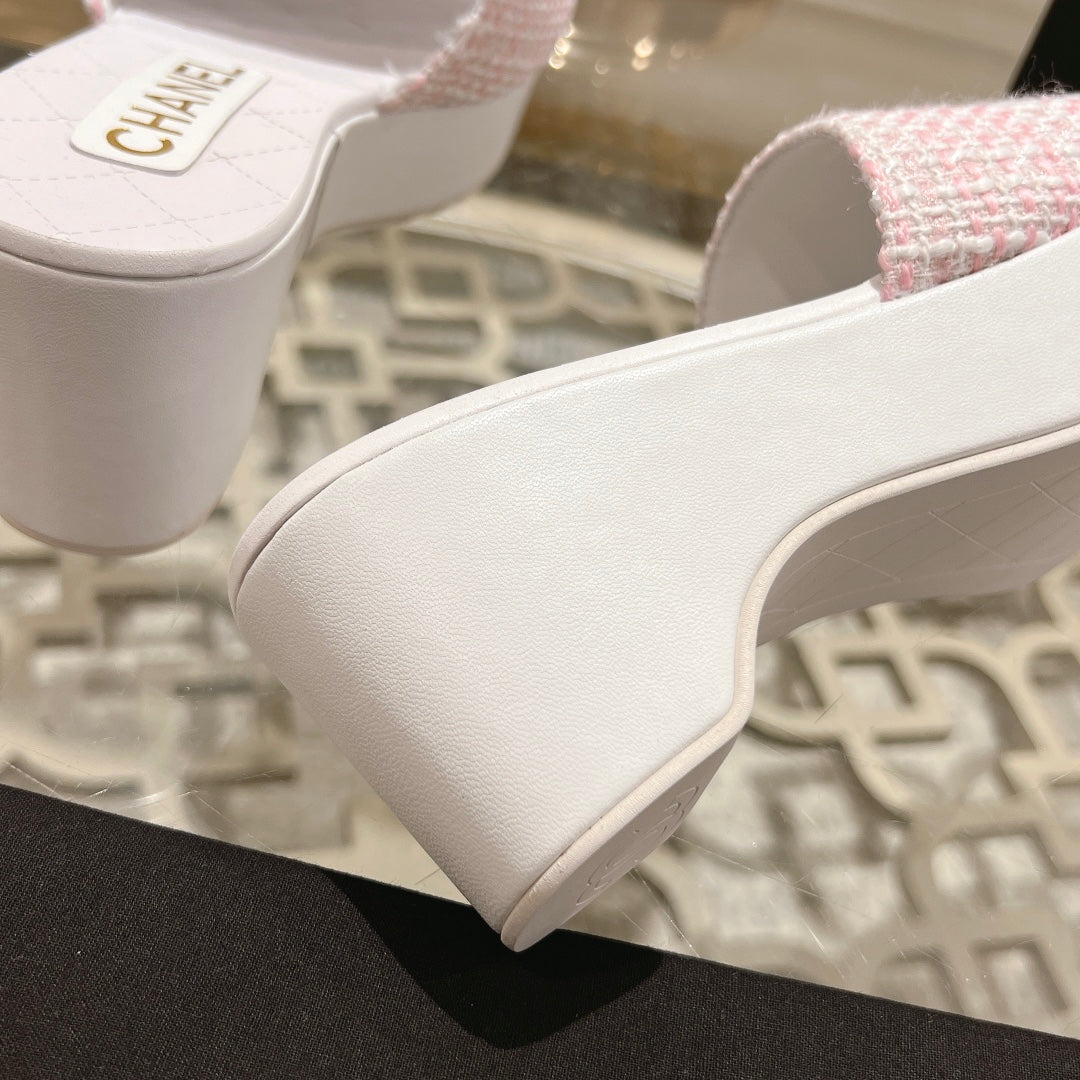 Chanel Wedge Platform in Light Pink Fabric with White Logo