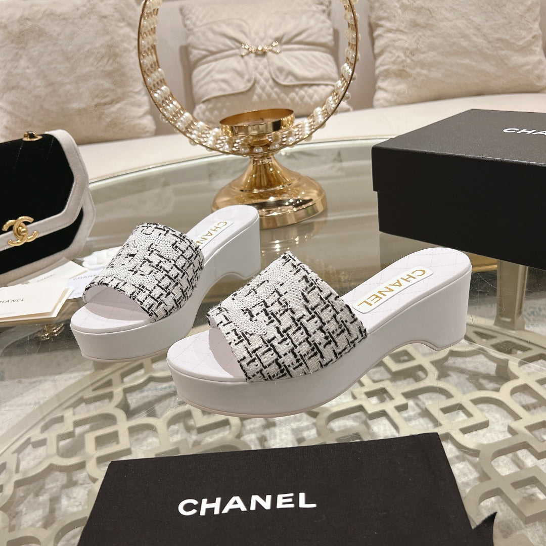 Chanel Wedge Platform in Black Mix White Fabric with Logo