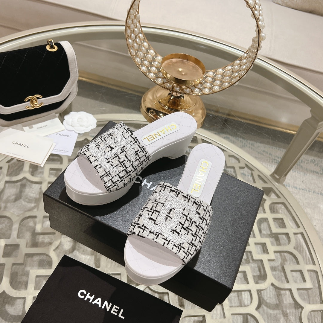 Chanel Wedge Platform in Black Mix White Fabric with Logo