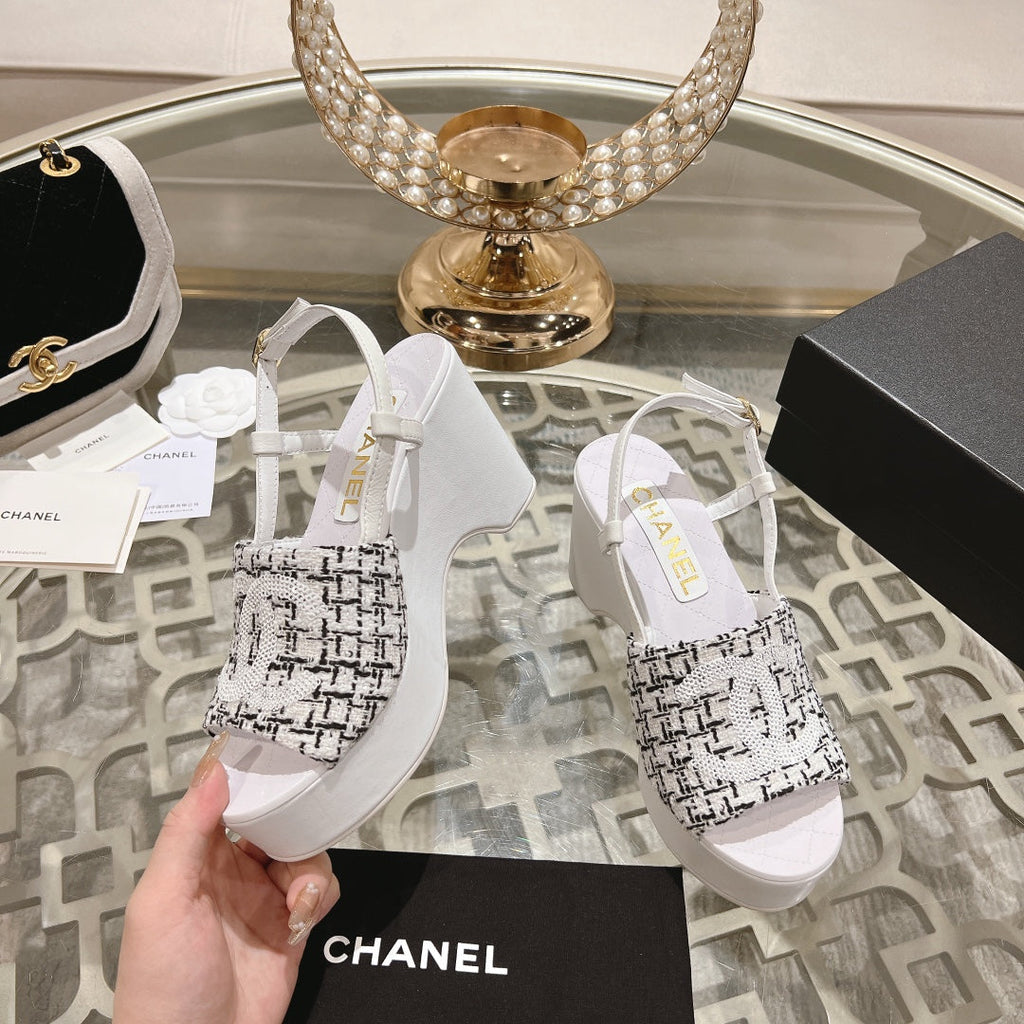 Chanel Wedge Sandals in Black Mix White Fabric with Logo