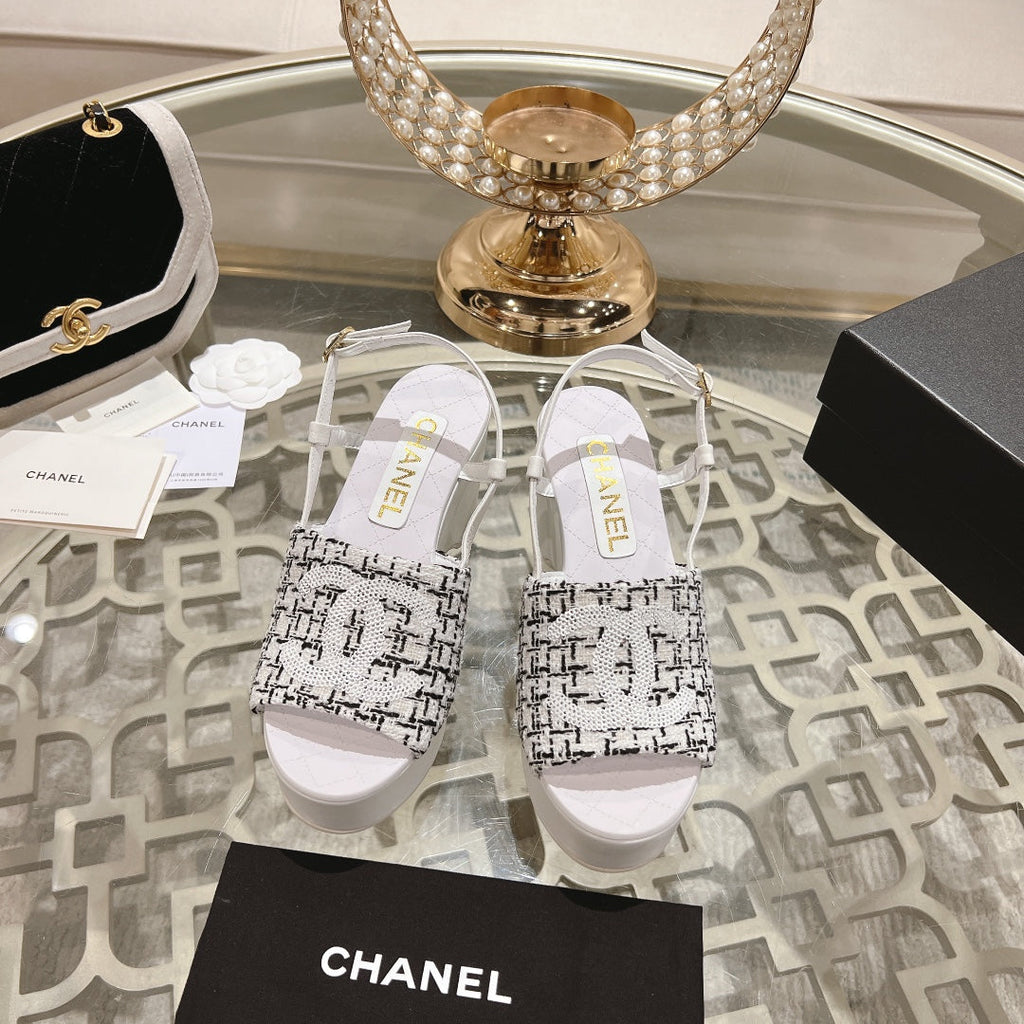 Chanel Wedge Sandals in Black Mix White Fabric with Logo