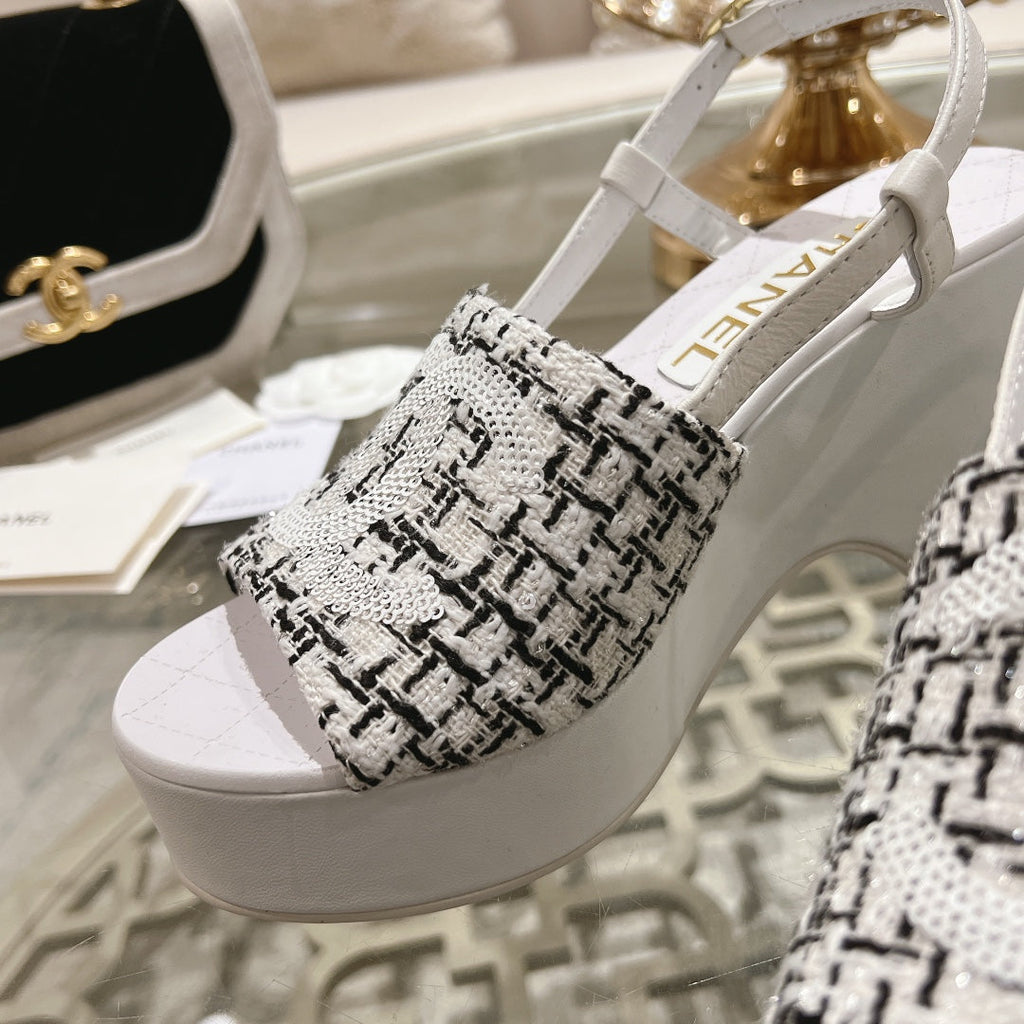 Chanel Wedge Sandals in Black Mix White Fabric with Logo