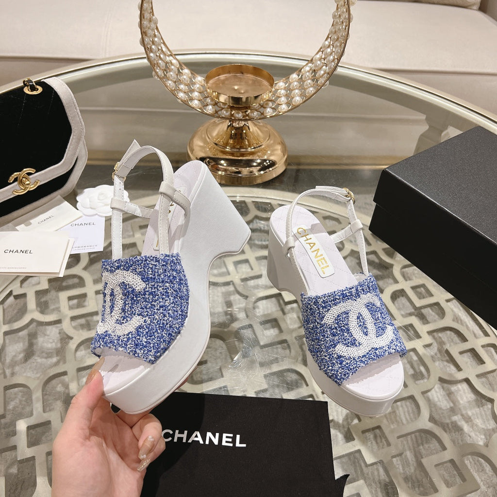 Chanel Wedge Sandals in Sapphire Blue Fabric with White Logo