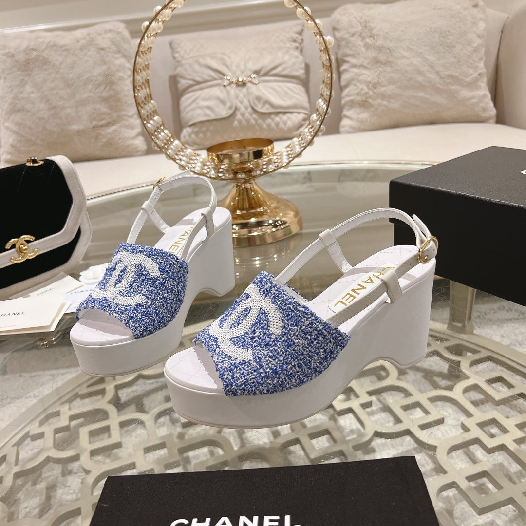 Chanel Wedge Sandals in Sapphire Blue Fabric with White Logo