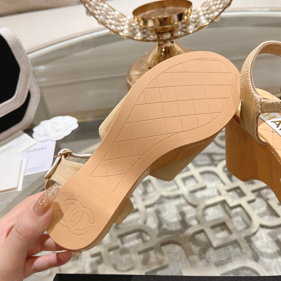 Chanel Wedge Sandals in Beige Cream Lambskin with White Logo