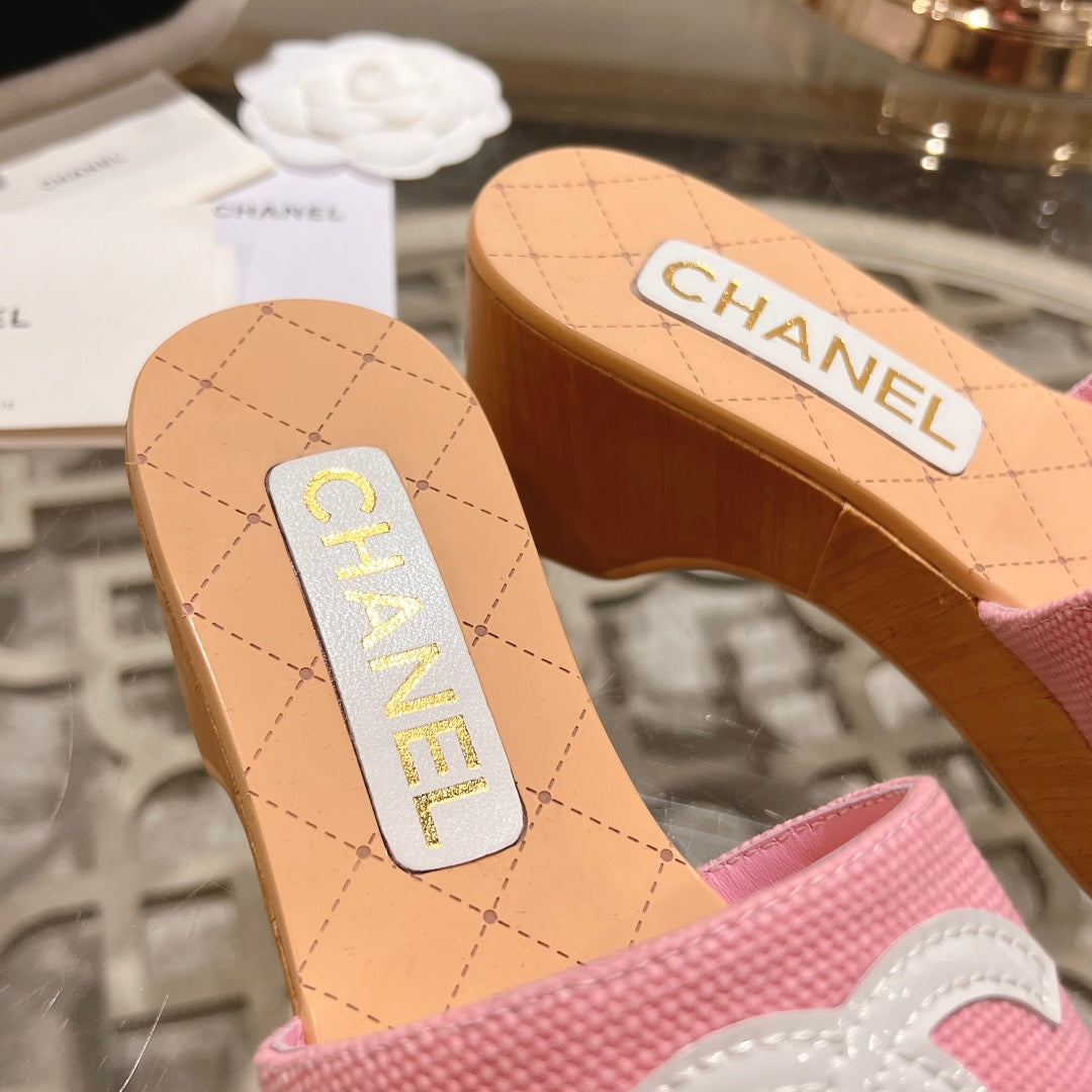 Chanel Wedge Platform in Light Pink Lambskin with White Logo