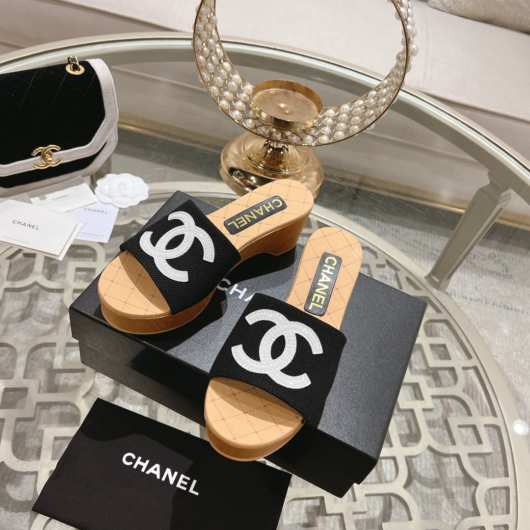 Chanel Wedge Platform in Black Lambskin with White Logo