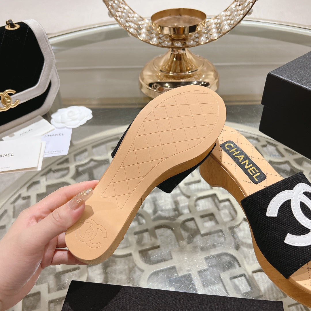 Chanel Wedge Platform in Black Lambskin with White Logo