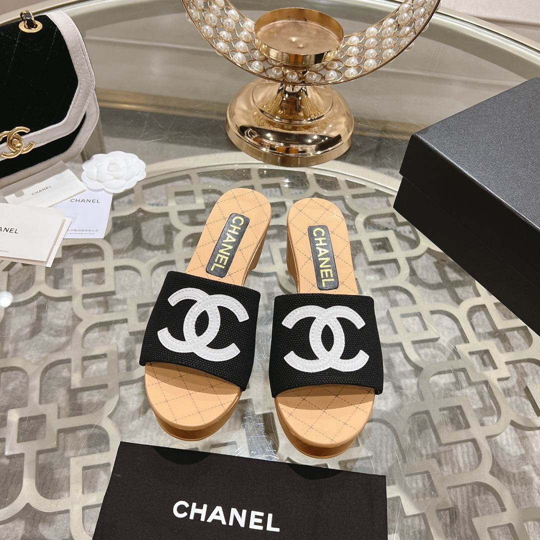 Chanel Wedge Platform in Black Lambskin with White Logo