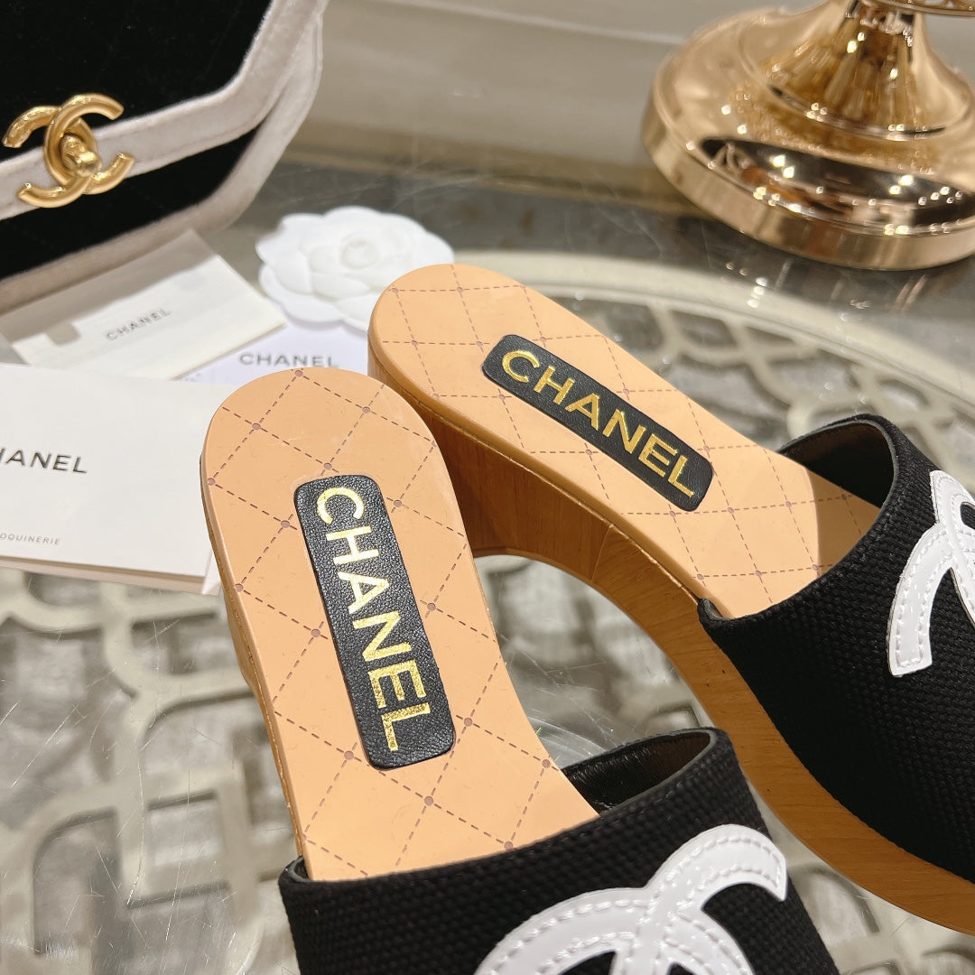 Chanel Wedge Platform in Black Lambskin with White Logo
