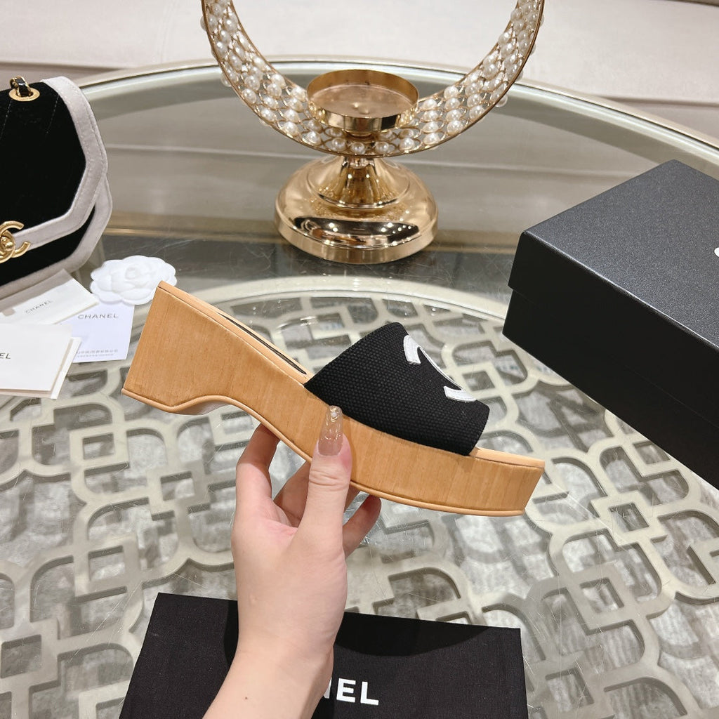 Chanel Wedge Platform in Black Lambskin with White Logo